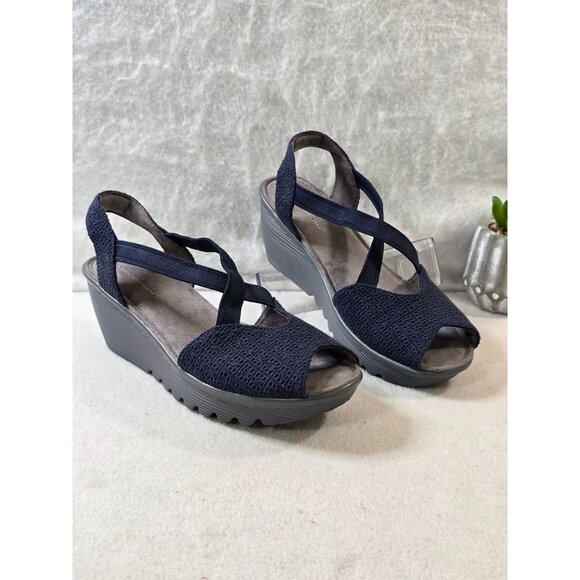 Skechers Memory Foam Navy Blue Wedge Sandals With Stretch Straps & Peep Toe Desi - Picture 2 of 12